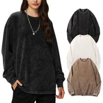 Camiseta Yimoon Oversize Acid Wash de algodão de manga comprida feminina