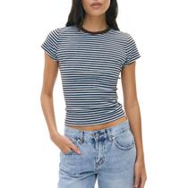 Camisetas de bebê Crop Top Meiweileya Y2k para mulheres listradas, azul, marrom Camisetas de bebê Crop Top Meiweileya Y2k para mulheres listradas, azul, marrom