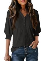 Camisetas de botão Dokotoo para mulheres casuais com decote em V, camisetas texturizadas de cor sólida, roupas casuais de negócios para mulheres de 2025, camisetas pretas modernas, blusas pequenas