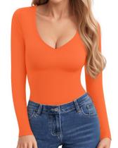 Camisetas de manga comprida CLOZOZ para mulheres com decote em V, camiseta básica ajustada Camisetas de manga comprida CLOZOZ para mulheres com decote em V, camiseta básica ajustada