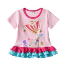 Camisetas De Verão Para Meninas Com Design De Sereia Rosa Em Algodão, Manga Curta, Com Babados E