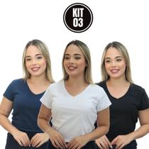 Camisetas Feminina Algodão Baby Look Gola V Atacado Kit 3 Branco/ Marinho/ Preto Babylook Basica Lisa Blusas Femininas - Aristem