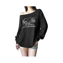 Camisetas Femininas Casuais De Manga Comprida Com Estampa De Letras E Ombro Inclinado, Estilo Camisetas Femininas Casuais De Manga Comprida Com Estampa De Letras E Ombro Inclinado, Estilo