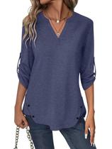 Camisetas femininas com decote em V da Tops Minetom, manga 3/4, azul marinho Camisetas femininas com decote em V da Tops Minetom, manga 3/4, azul marinho