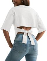 Camisetas femininas Crop Top Motrend Y2K de algodão branco com costas abertas Camisetas femininas Crop Top Motrend Y2K de algodão branco com costas abertas
