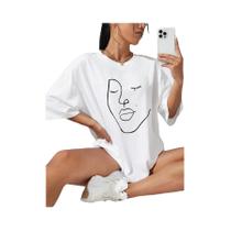 Camisetas Femininas De Algodão Macio Com Manga Curta, Estampa Simples De Linhas E Rosto, Casuais,