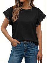 Camisetas femininas de renda Tops Tankaneo, manga curta, de verão, pretas Camisetas femininas de renda Tops Tankaneo, manga curta, de verão, pretas
