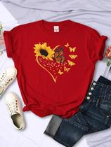 Camisetas Femininas de Verão - Manga Curta, Estampa Girassol, Borboleta e Coração