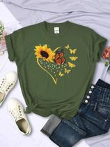 Camisetas Femininas de Verão - Manga Curta, Estampas de Girassol, Borboleta e Coração