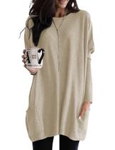 Camisetas femininas Poetsky e túnica folgada de manga comprida para usar com leggings, camisas grandes com bolsos, damasco, 2GG