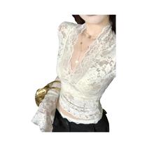 Camisetas Femininas Sexy Com Decote Em V, Renda Transparente, Manga Longa, Ajuste Slim, Pullover