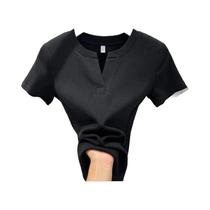 Camisetas Femininas Slim Fit Com Decote Em V E Listras, Moda De Verão, T-Shirts De Algodão De Manga Camisetas Femininas Slim Fit Com Decote Em V E Listras, Moda De Verão, T-Shirts De Algodão De Manga