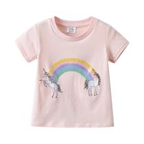 Camisetas Infantis De Algodão Com Estampa De Unicórnio E Lantejoulas Arco-íris Para Meninas, Verão,