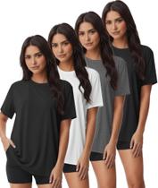 Camisetas Kinglaman 4 Unidades Femininas Gola Careca Modelagem Solta Camisetas Kinglaman 4 Unidades Femininas Gola Careca Modelagem Solta