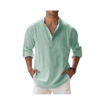 Camisetas Masculinas De Manga Longa Em Algodão E Linho Leves, Estilo Henley, Para Praia E Casual