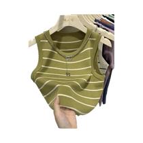 Camisetas Sem Mangas Listradas Para Mulheres, T-Shirts Cropped Tricotadas, Ajuste Slim Elástico, Camisetas Sem Mangas Listradas Para Mulheres, T-Shirts Cropped Tricotadas, Ajuste Slim Elástico,