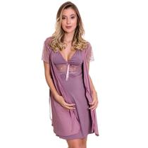 Camisola Amamentação Maternidade com Robe Gestante Pijama Amamentar Moda de Baixo - ES206-207