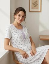 Camisola Botão Feminina Manga Curta Estampa Floral Pijama Camisão Gestante Dormir Senhora