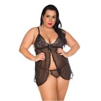 Camisola Carol Plus Size Preto Transparente Lingerie Sensual