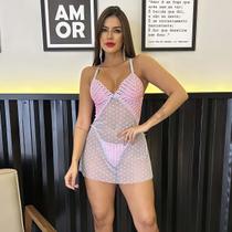 Camisola Curta Tule Transparente Rendada Mini Vestido Sexy Com Calcinha