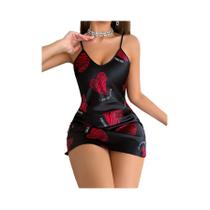 Camisola De Cetim Com Estampa De Lábios Vermelhos, Decote Em V, Costas Descobertas, Vestido Mini Camisola De Cetim Com Estampa De Lábios Vermelhos, Decote Em V, Costas Descobertas, Vestido Mini