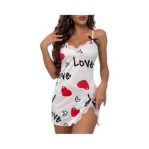 Camisola De Cetim Preta Para Mulheres Com Estampa De Coração Vermelho E Detalhes Em Renda, Alças