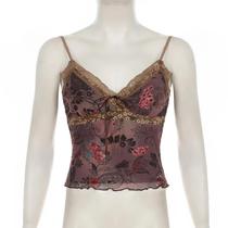 Camisola De Malha Floral Vintage Com Renda E Decote Em V Top Crop Y2K Estética Verão Slim Fit Camis