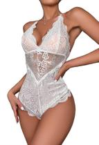 Camisola de renda branca com forceil de lingerie de uma peça para mulheres