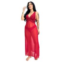 Camisola de Tule Transparente sem Bojo Sensual Elegante Longa com Renda Costas Cruzadas Vestido de Dormir Lingerie Sexy