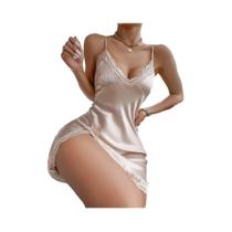 Camisola De Verão Feminina Em Renda De Seda Satin Sem Costas Com Decote Profundo E Fenda Camisola De Verão Feminina Em Renda De Seda Satin Sem Costas Com Decote Profundo E Fenda