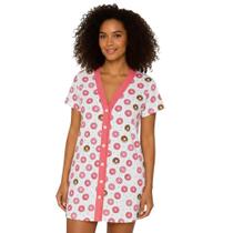 Camisola Feminina Adulto Manga Curta Gola V Estampada Botão Larga Macia Confortável Dormir Verão