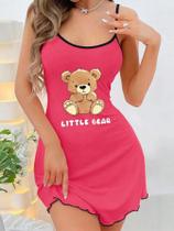 Camisola Feminina Com Estampa De Urso Fofo, Alças Finas, Vestido De Dormir Mini Com Bainha Ondulada Camisola Feminina Com Estampa De Urso Fofo, Alças Finas, Vestido De Dormir Mini Com Bainha Ondulada