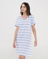 Camisola Feminina Curta de Manga Curta Listrada em Vigoré Azul Lohe Camisola Feminina Curta de Manga Curta Listrada em Vigoré Azul Lohe