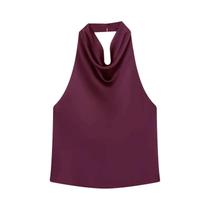 Camisola Feminina De Cetim Com Decote Halter E Costas Nuas, Top De Verão Rosa E Preto