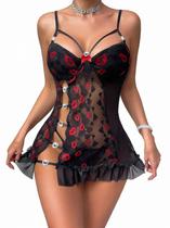 Camisola feminina de lingerie Myilewjt Babydoll preta de renda grande Camisola feminina de lingerie Myilewjt Babydoll preta de renda grande