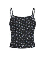 Camisola feminina fofa com estampa de laço Top Floerns preta floral 12Y
