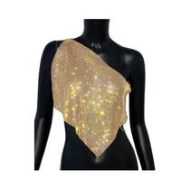 Camisola Feminina Sexy Y2K - Sem Costas, Strass, Ombro Único e Fenda Lateral