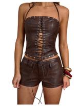 Camisola feminina WDIRARA em couro PU vintage marrom café Camisola feminina WDIRARA em couro PU vintage marrom café