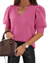 Camisola Goranbon Puff de manga curta feminina rosa choque Camisola Goranbon Puff de manga curta feminina rosa choque