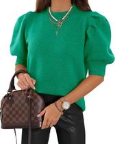 Camisola Goranbon Puff de manga curta feminina tricotada verde Camisola Goranbon Puff de manga curta feminina tricotada verde