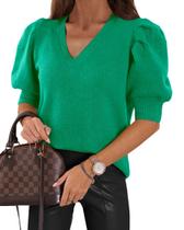 Camisola Goranbon Puff de manga curta feminina verde brilhante Camisola Goranbon Puff de manga curta feminina verde brilhante
