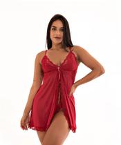 Camisola IMI Lingerie Aberta Fenda Tule Renda Calcinha Fio Dental Louise Vermelha