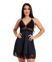 Camisola IMI Lingerie Com Calcinha Microfibra Renda Chloe Preta