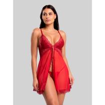 Camisola Louise IMI Lingerie Fenda Frontal com Tule Renda e Calcinha Fio Dental Sensual
