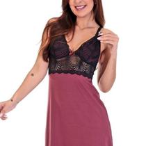Camisola Luxuosa Longa de Amamentação: Elegância em Renda e Microfibra Pós-Parto - 350