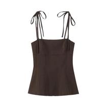 Camisola Marrom Sem Costas Com Laço E Zíper Lateral Para Mulheres, Alças Finas Vintage, Top Chic Com