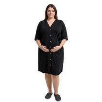 Camisola Maternidade Plus Size Amamentação e Pós Cirúrgico Preta com Botões e Manga 3/4 Cor:PretoTamanho:60