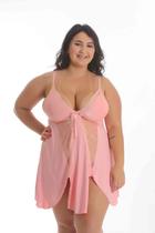 Camisola Plus Size Rosa Claro Fenda Renda Frontal Sem Bojo