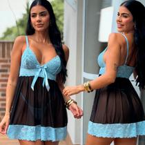 Camisola Renda C Calcinha Cristal Tamanho:GCor:Preto Azul
