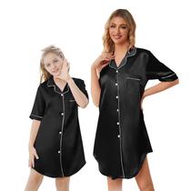 Camisola Schbbbta Girls Satin Button Down, manga curta, preta Camisola Schbbbta Girls Satin Button Down, manga curta, preta